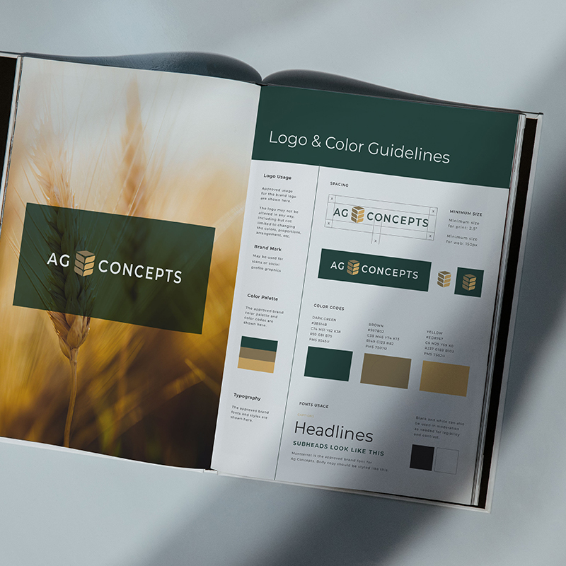 Open brand guidelines showing logo usage, color palette, and typography for Ag Concepts.