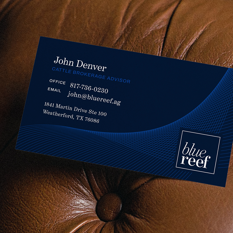 Blue Reef business card featuring wave pattern design and navy color palette.