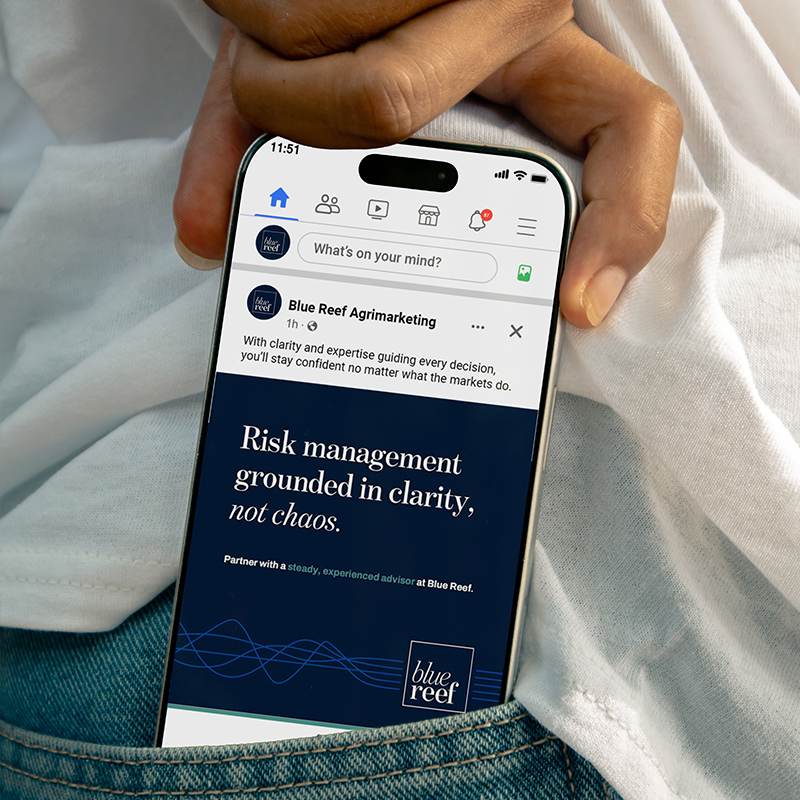 Smartphone displaying a Blue Reef social media ad with the message “Risk management grounded in clarity, not chaos.”