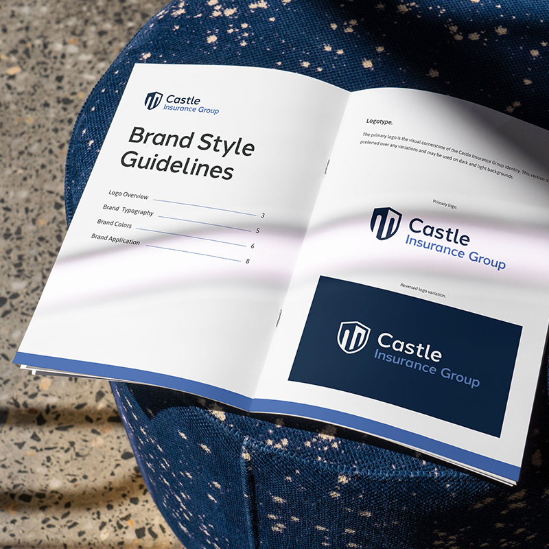 Open brand style guide displaying Castle Insurance Group’s logo, color palette, and typography.