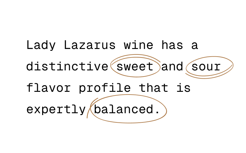 Lady Lazarus wine description showing text highlighting the words ‘sweet,’ ‘sour,’ and ‘balanced’ to emphasize the wine’s distinct flavor profile.