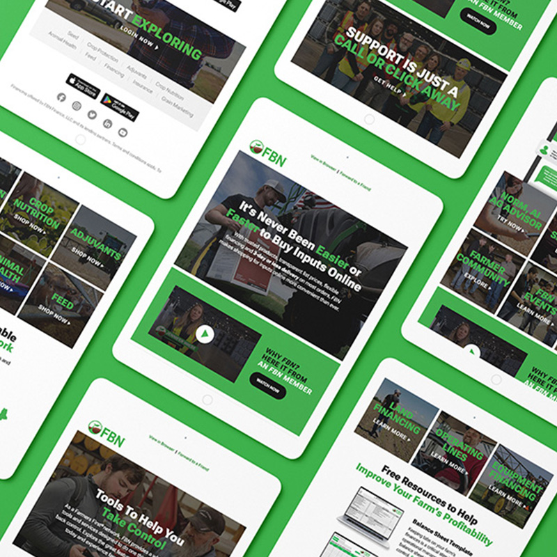 Collection of FBN email designs shown across multiple tablets featuring campaign layouts and calls-to-action.