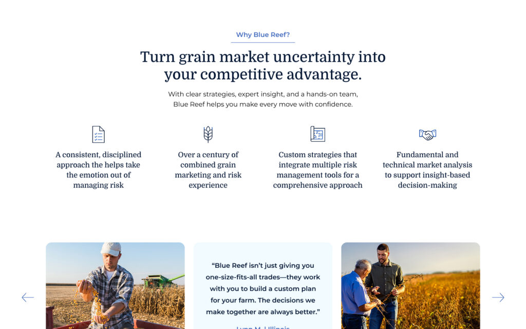 Web section highlighting Blue Reef’s approach to grain marketing with customer testimonials.