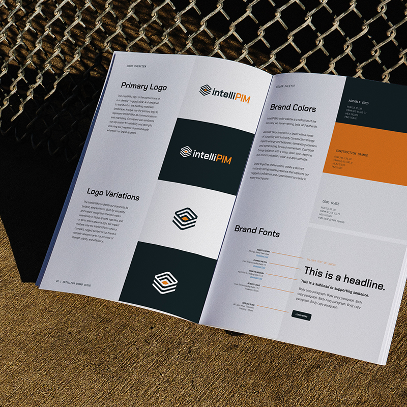 Open brand style guide showing IntelliPIM’s logo, color palette, and typography.